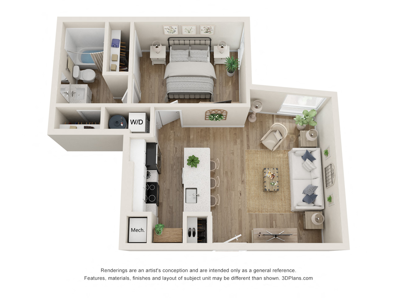 Floor plan for 1 bed, 1 bath, 584 sqft